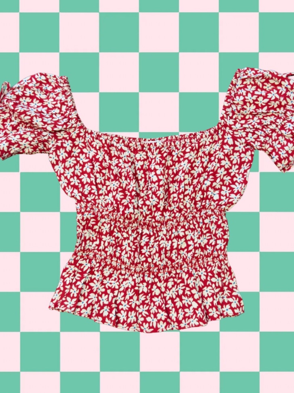 Reformation Red Floral Smocked Puff-Sleeve Crop Top